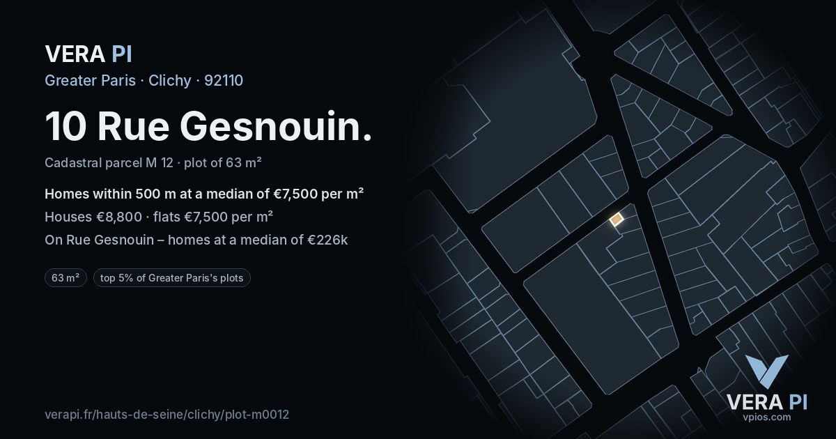 10 Rue Gesnouin, Clichy at night – the plot lit, the parcels around coloured by the prices near them
