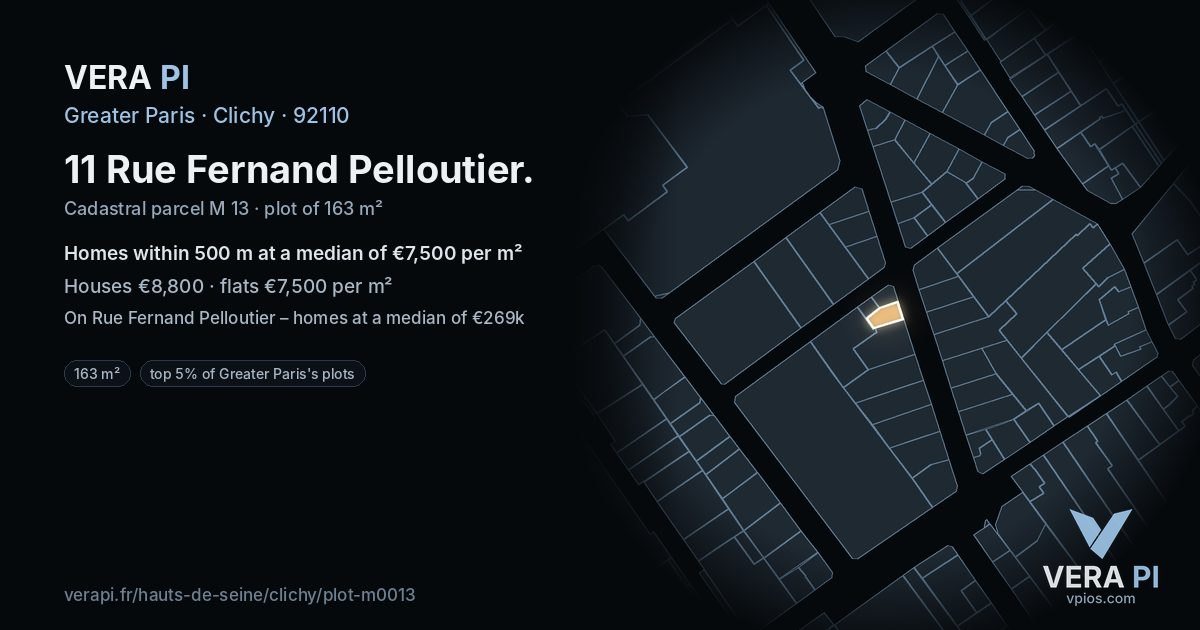 11 Rue Fernand Pelloutier, Clichy at night – the plot lit, the parcels around coloured by the prices near them