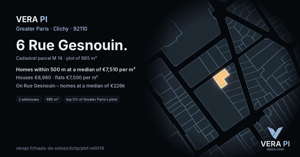 6 Rue Gesnouin, Clichy at night – the plot lit, the parcels around coloured by the prices near them