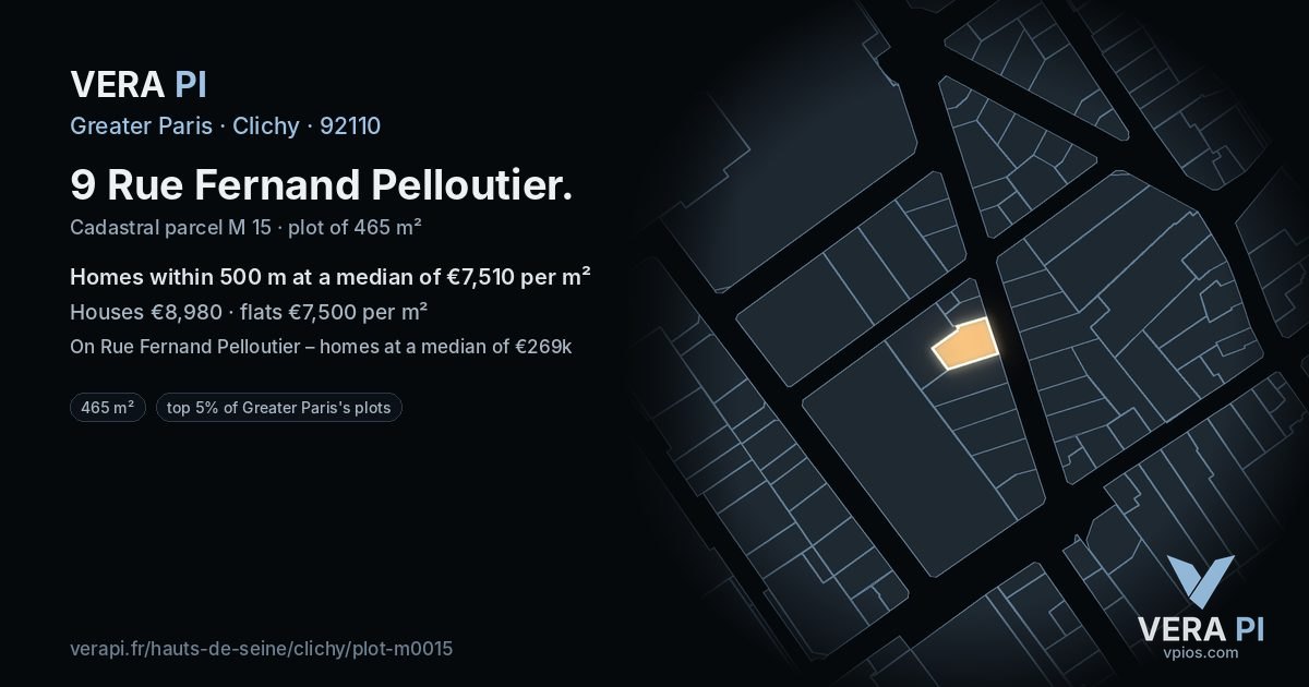 9 Rue Fernand Pelloutier, Clichy at night – the plot lit, the parcels around coloured by the prices near them