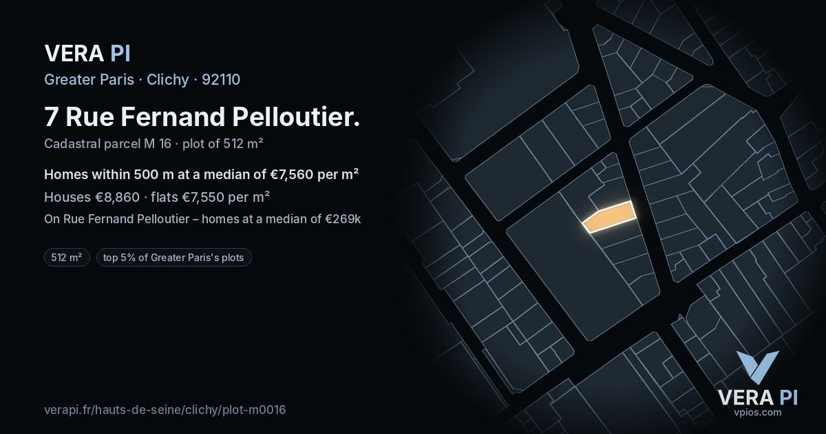 7 Rue Fernand Pelloutier, Clichy at night – the plot lit, the parcels around coloured by the prices near them