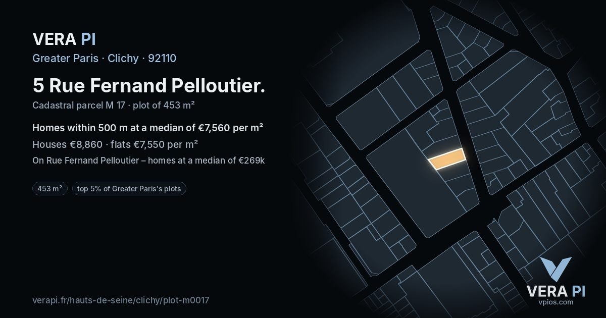 5 Rue Fernand Pelloutier, Clichy at night – the plot lit, the parcels around coloured by the prices near them