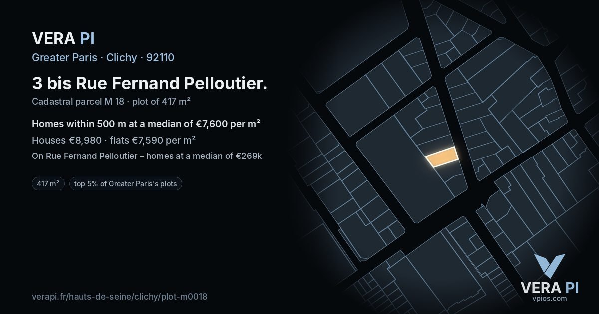 3 bis Rue Fernand Pelloutier, Clichy at night – the plot lit, the parcels around coloured by the prices near them