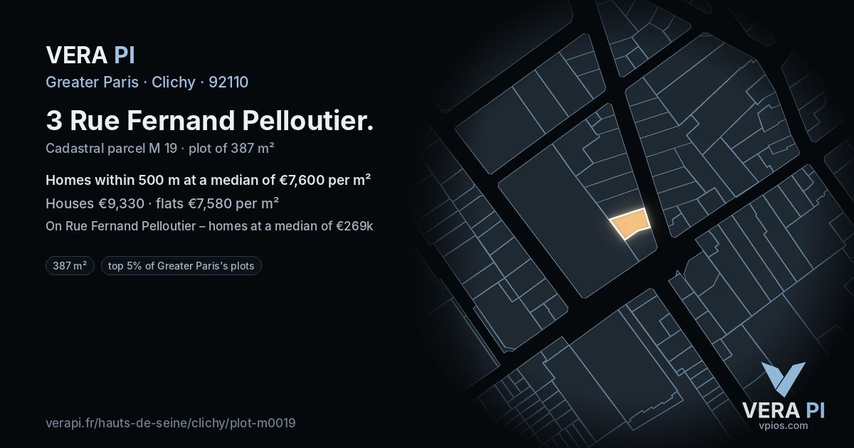 3 Rue Fernand Pelloutier, Clichy at night – the plot lit, the parcels around coloured by the prices near them