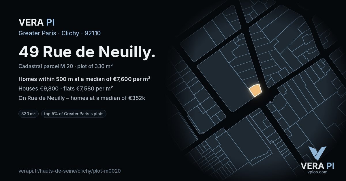 49 Rue de Neuilly, Clichy at night – the plot lit, the parcels around coloured by the prices near them