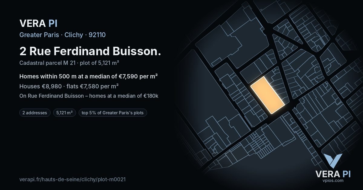 2 Rue Ferdinand Buisson, Clichy at night – the plot lit, the parcels around coloured by the prices near them