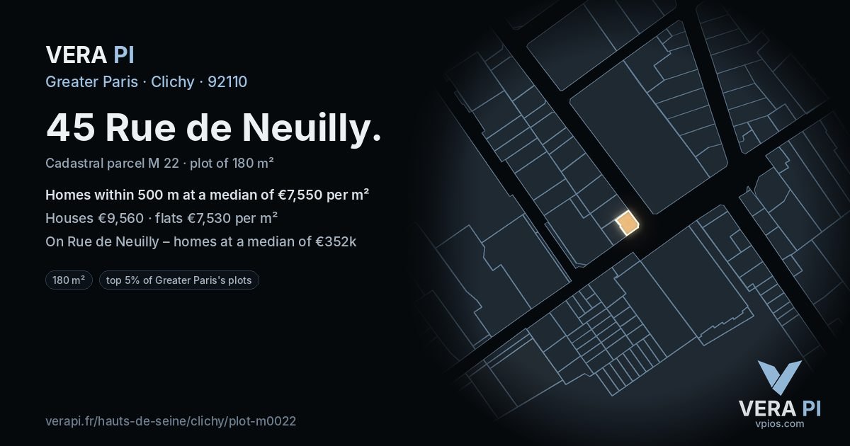 45 Rue de Neuilly, Clichy at night – the plot lit, the parcels around coloured by the prices near them