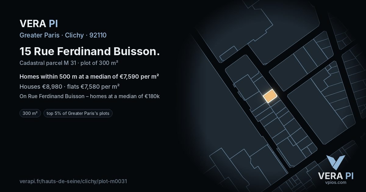 15 Rue Ferdinand Buisson, Clichy at night – the plot lit, the parcels around coloured by the prices near them