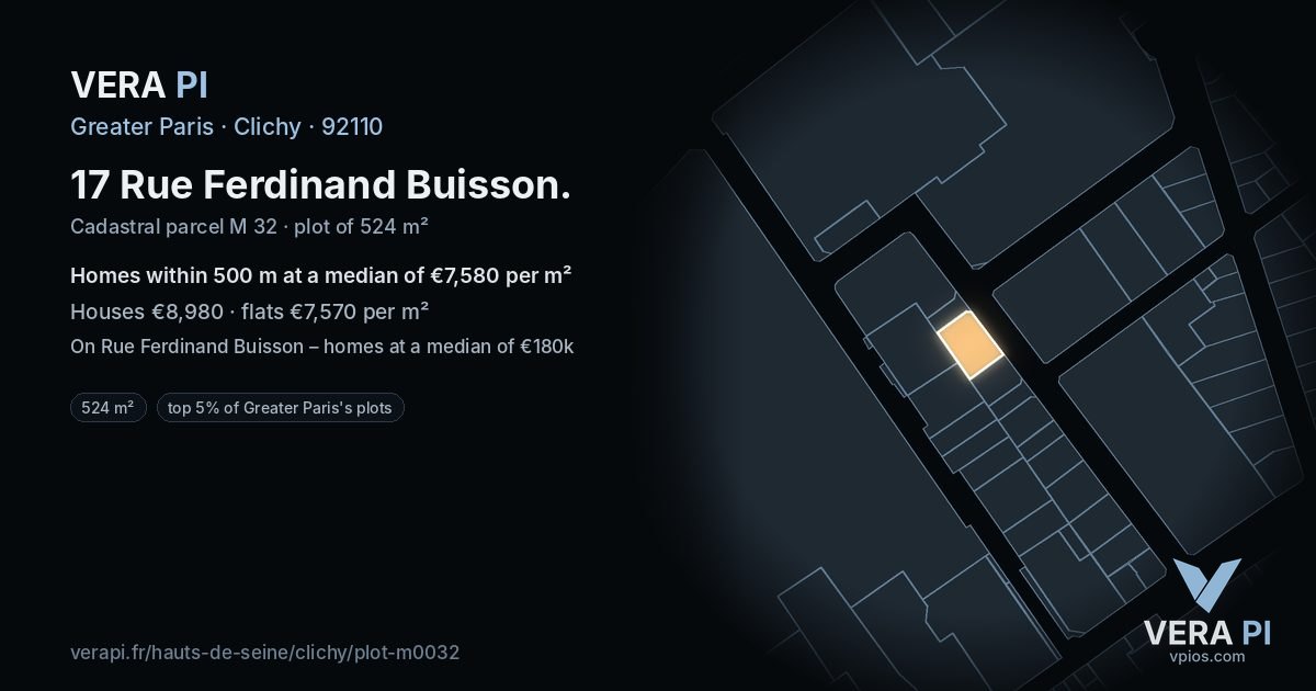 17 Rue Ferdinand Buisson, Clichy at night – the plot lit, the parcels around coloured by the prices near them