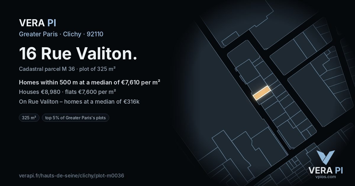 16 Rue Valiton, Clichy at night – the plot lit, the parcels around coloured by the prices near them