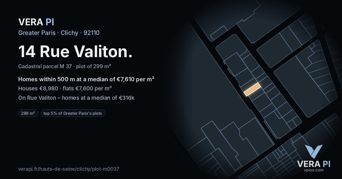 14 Rue Valiton, Clichy at night – the plot lit, the parcels around coloured by the prices near them