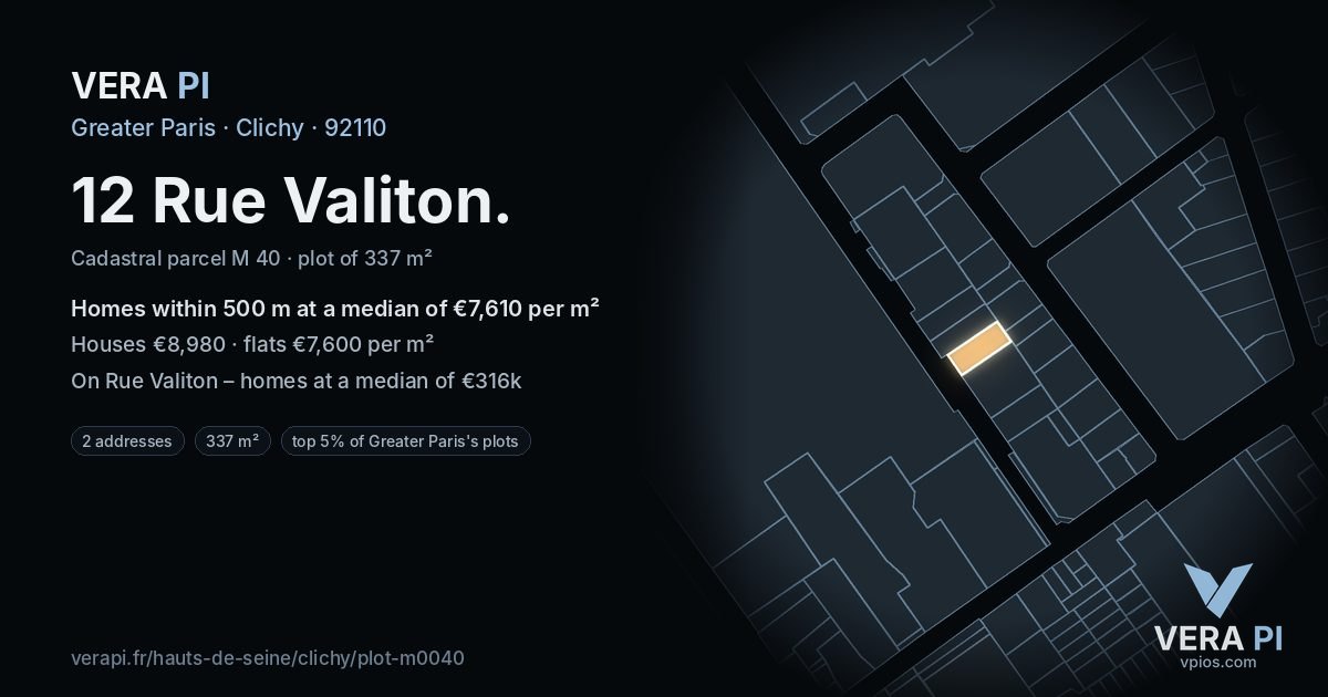 12 Rue Valiton, Clichy at night – the plot lit, the parcels around coloured by the prices near them
