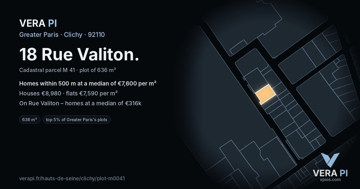 18 Rue Valiton, Clichy at night – the plot lit, the parcels around coloured by the prices near them