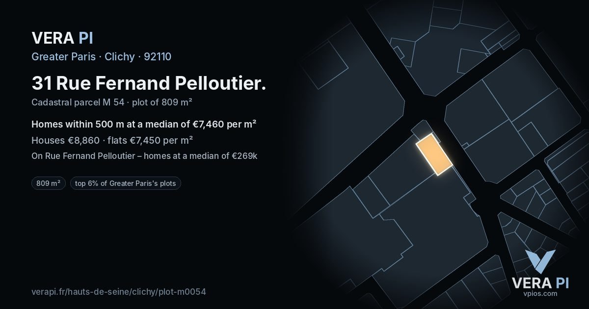 31 Rue Fernand Pelloutier, Clichy at night – the plot lit, the parcels around coloured by the prices near them