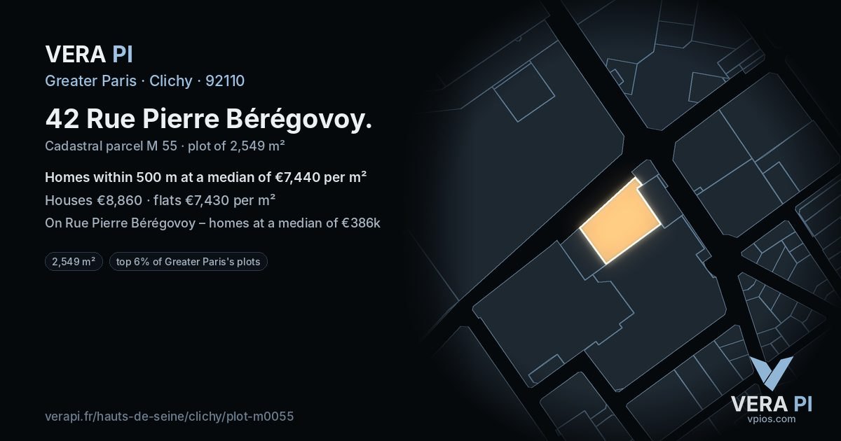 42 Rue Pierre Bérégovoy, Clichy at night – the plot lit, the parcels around coloured by the prices near them