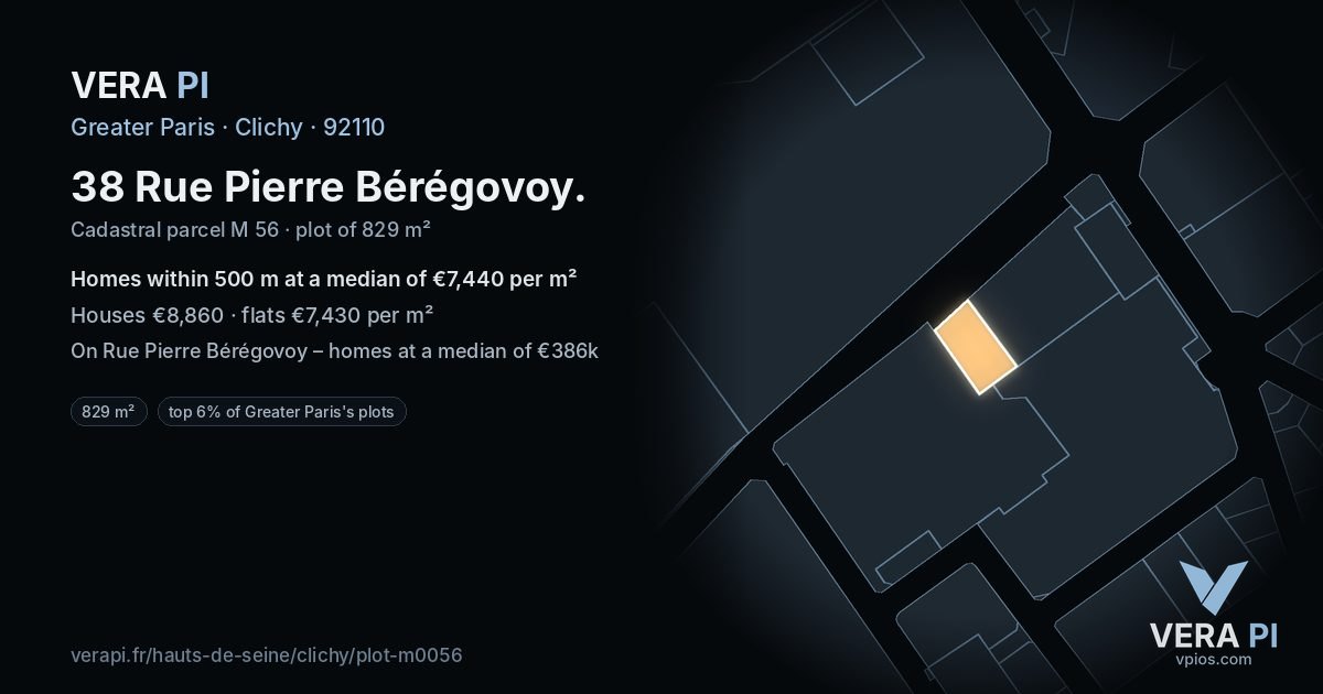 38 Rue Pierre Bérégovoy, Clichy at night – the plot lit, the parcels around coloured by the prices near them