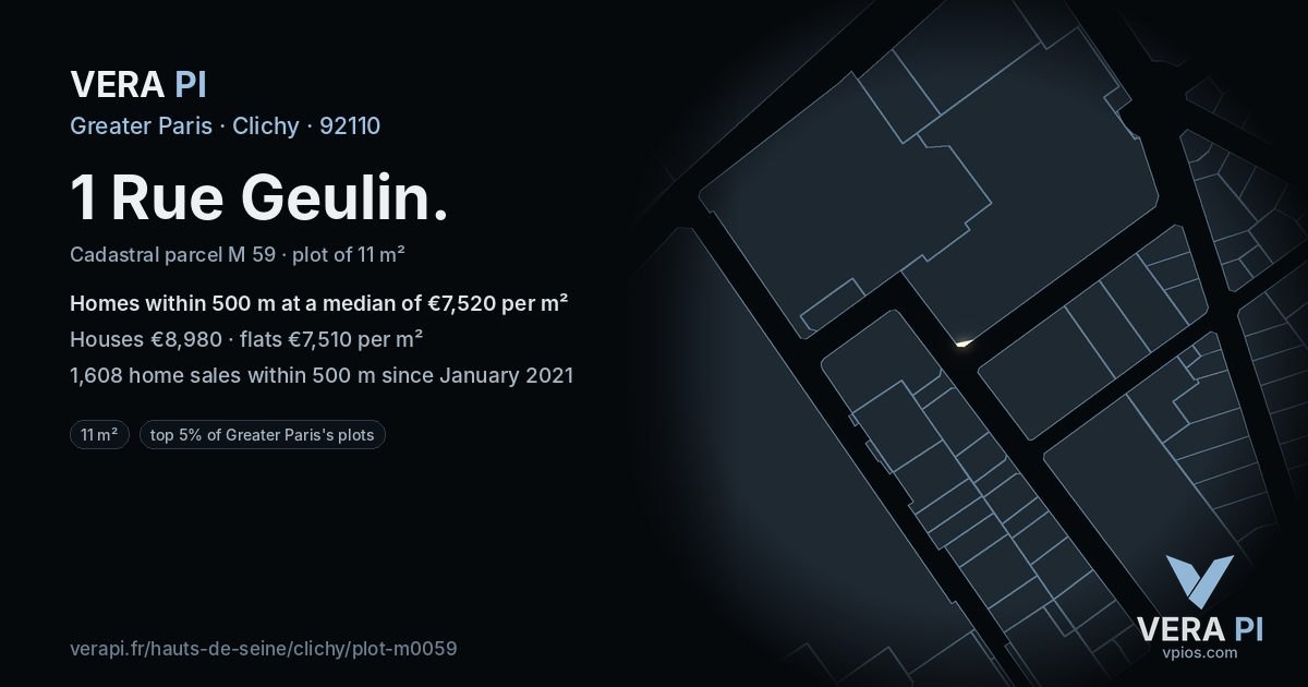 1 Rue Geulin, Clichy at night – the plot lit, the parcels around coloured by the prices near them