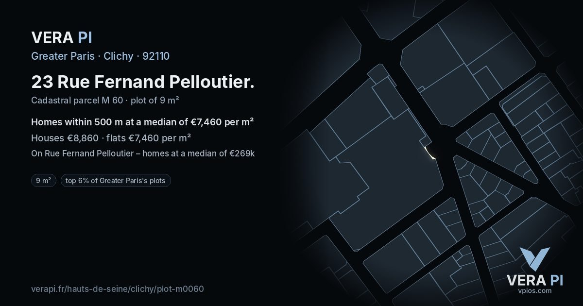 23 Rue Fernand Pelloutier, Clichy at night – the plot lit, the parcels around coloured by the prices near them