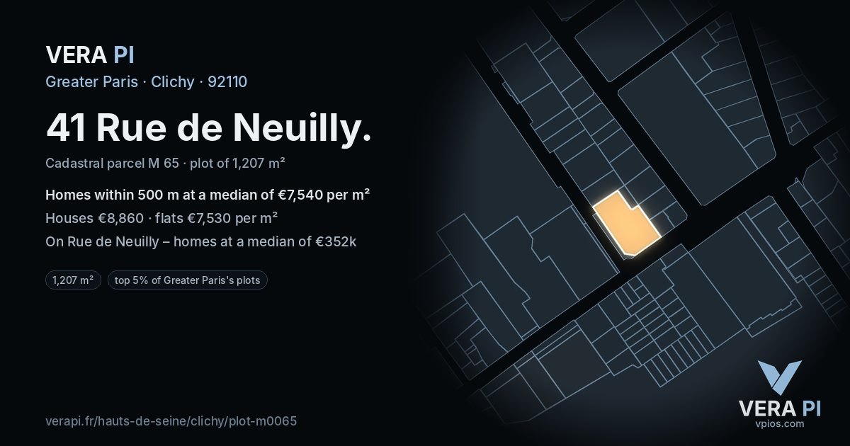 41 Rue de Neuilly, Clichy at night – the plot lit, the parcels around coloured by the prices near them