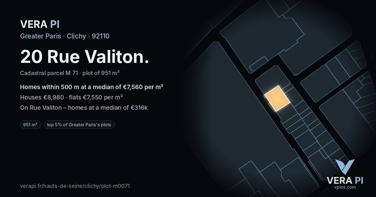 20 Rue Valiton, Clichy at night – the plot lit, the parcels around coloured by the prices near them