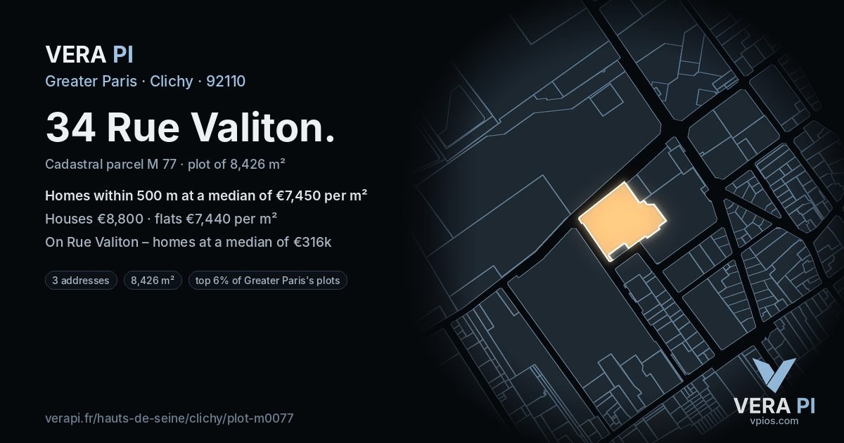 34 Rue Valiton, Clichy at night – the plot lit, the parcels around coloured by the prices near them