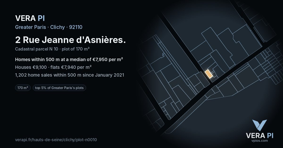 2 Rue Jeanne d'Asnières, Clichy at night – the plot lit, the parcels around coloured by the prices near them