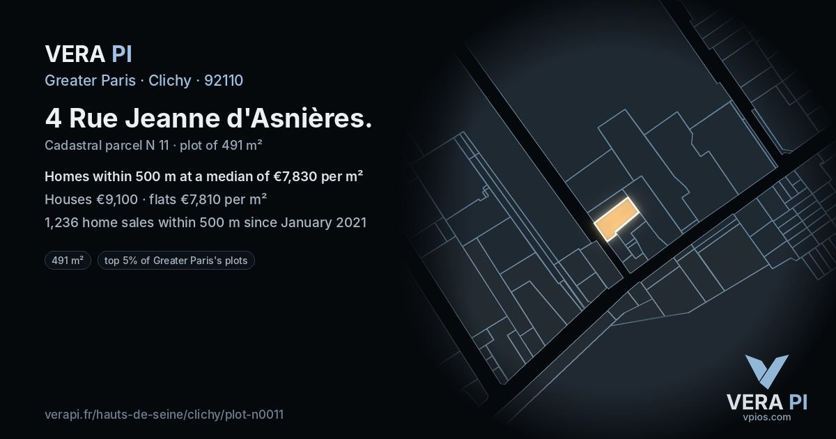 4 Rue Jeanne d'Asnières, Clichy at night – the plot lit, the parcels around coloured by the prices near them