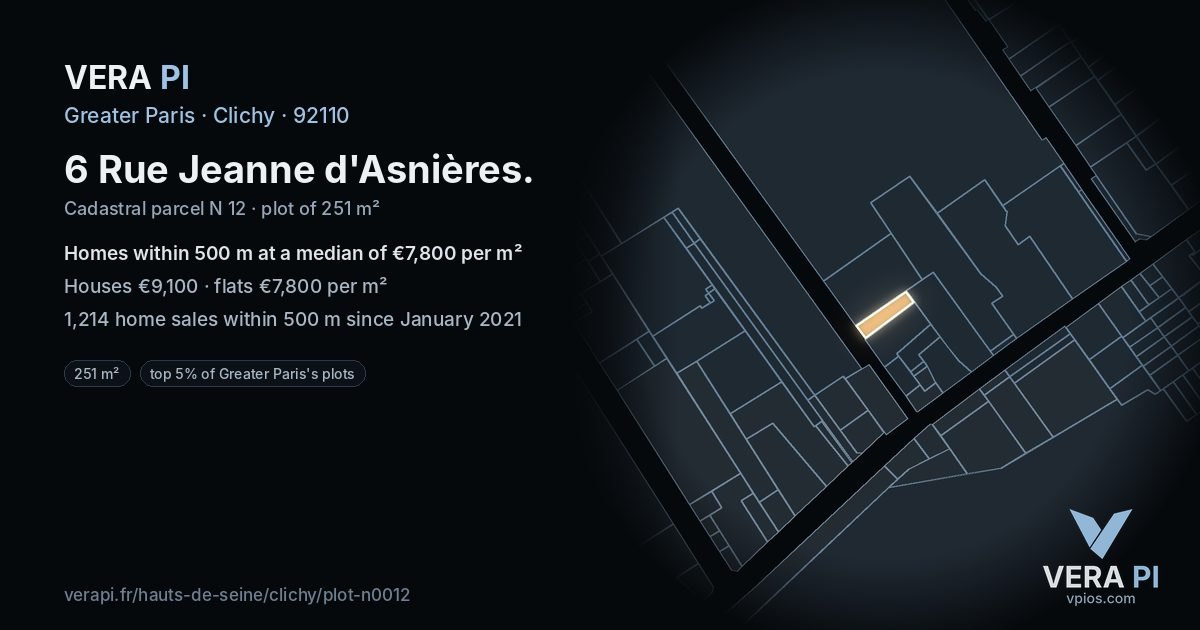 6 Rue Jeanne d'Asnières, Clichy at night – the plot lit, the parcels around coloured by the prices near them
