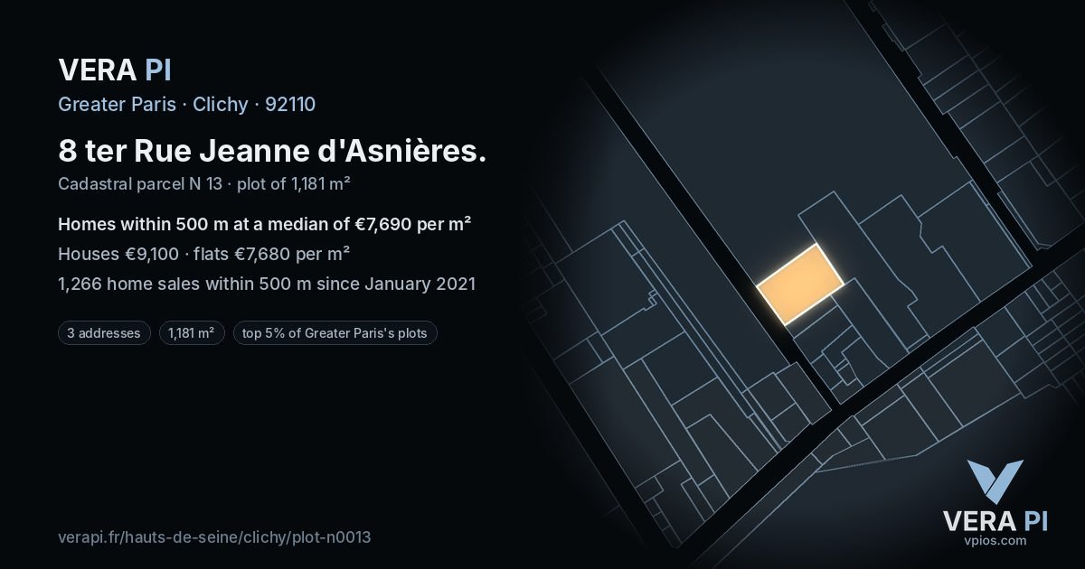 8 ter Rue Jeanne d'Asnières, Clichy at night – the plot lit, the parcels around coloured by the prices near them