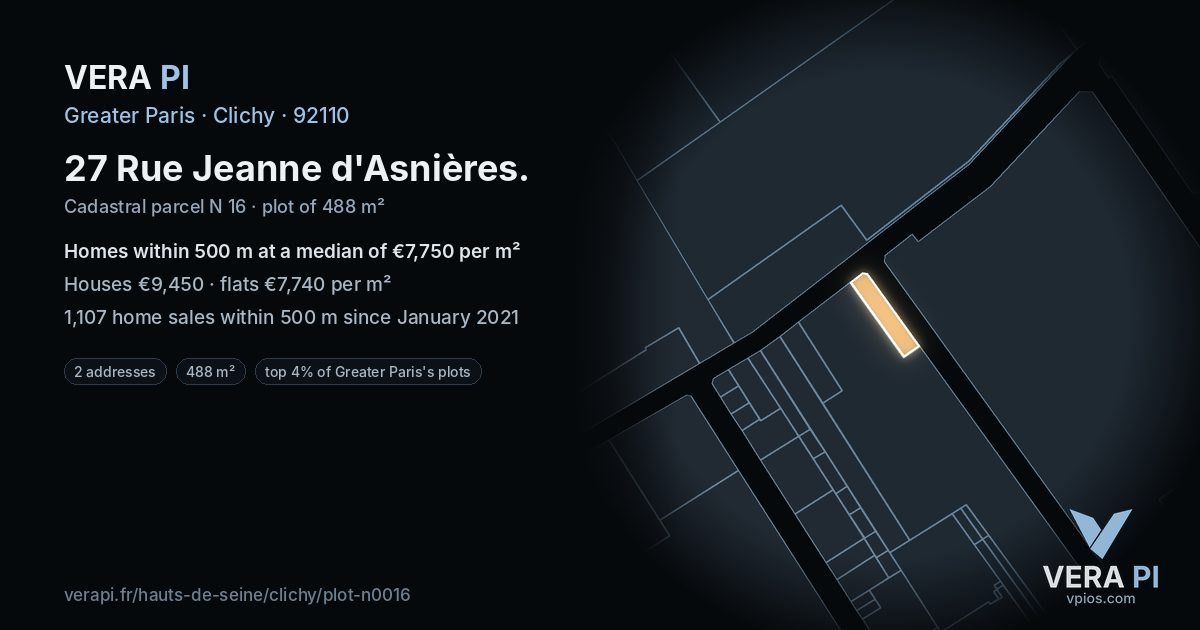 27 Rue Jeanne d'Asnières, Clichy at night – the plot lit, the parcels around coloured by the prices near them