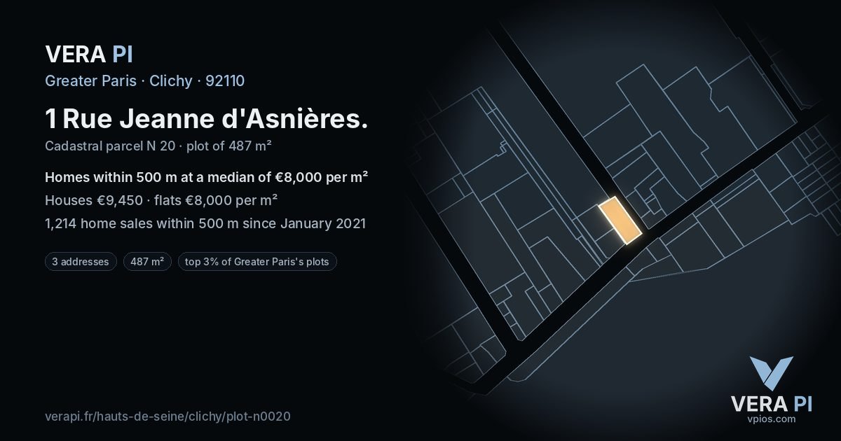 1 Rue Jeanne d'Asnières, Clichy at night – the plot lit, the parcels around coloured by the prices near them