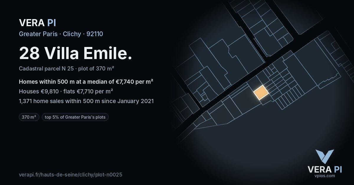 28 Villa Emile, Clichy at night – the plot lit, the parcels around coloured by the prices near them