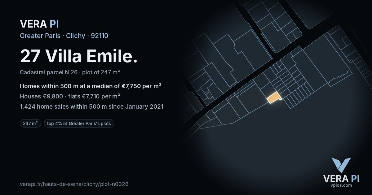 27 Villa Emile, Clichy at night – the plot lit, the parcels around coloured by the prices near them