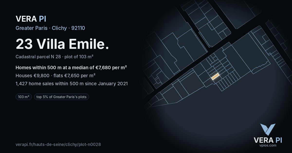 23 Villa Emile, Clichy at night – the plot lit, the parcels around coloured by the prices near them