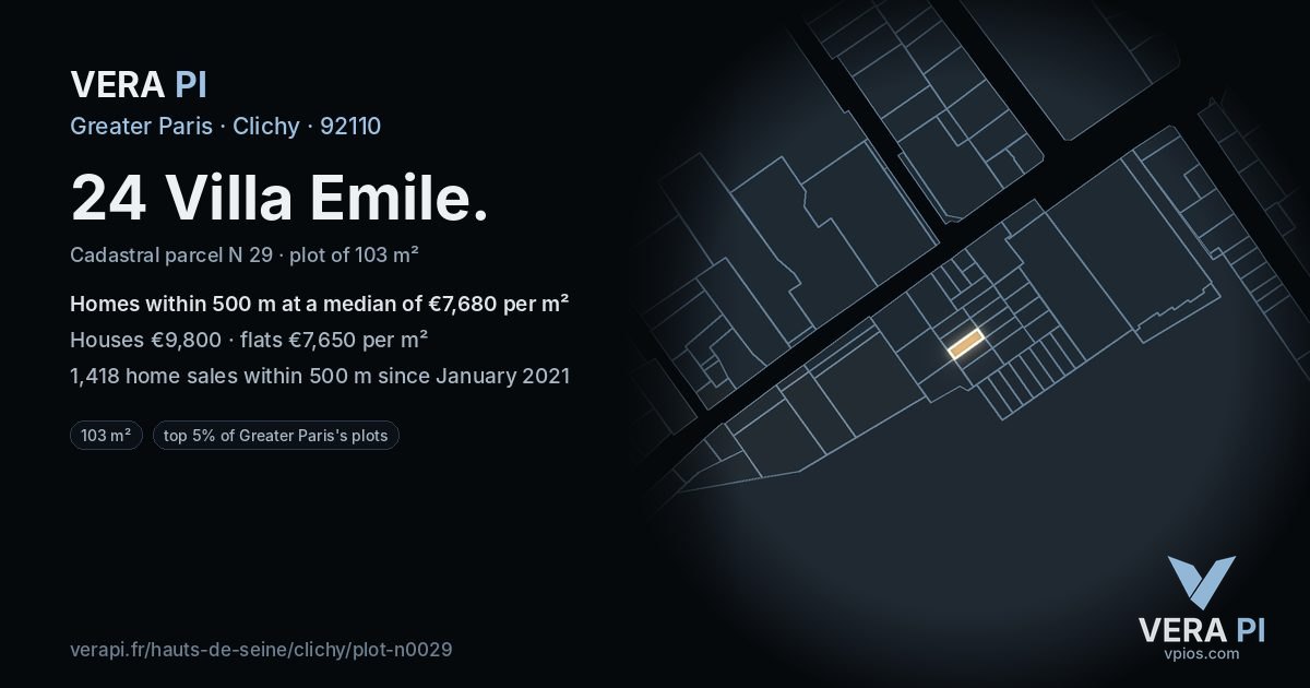 24 Villa Emile, Clichy at night – the plot lit, the parcels around coloured by the prices near them