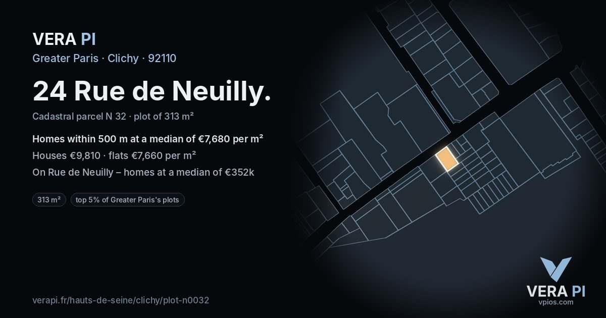24 Rue de Neuilly, Clichy at night – the plot lit, the parcels around coloured by the prices near them