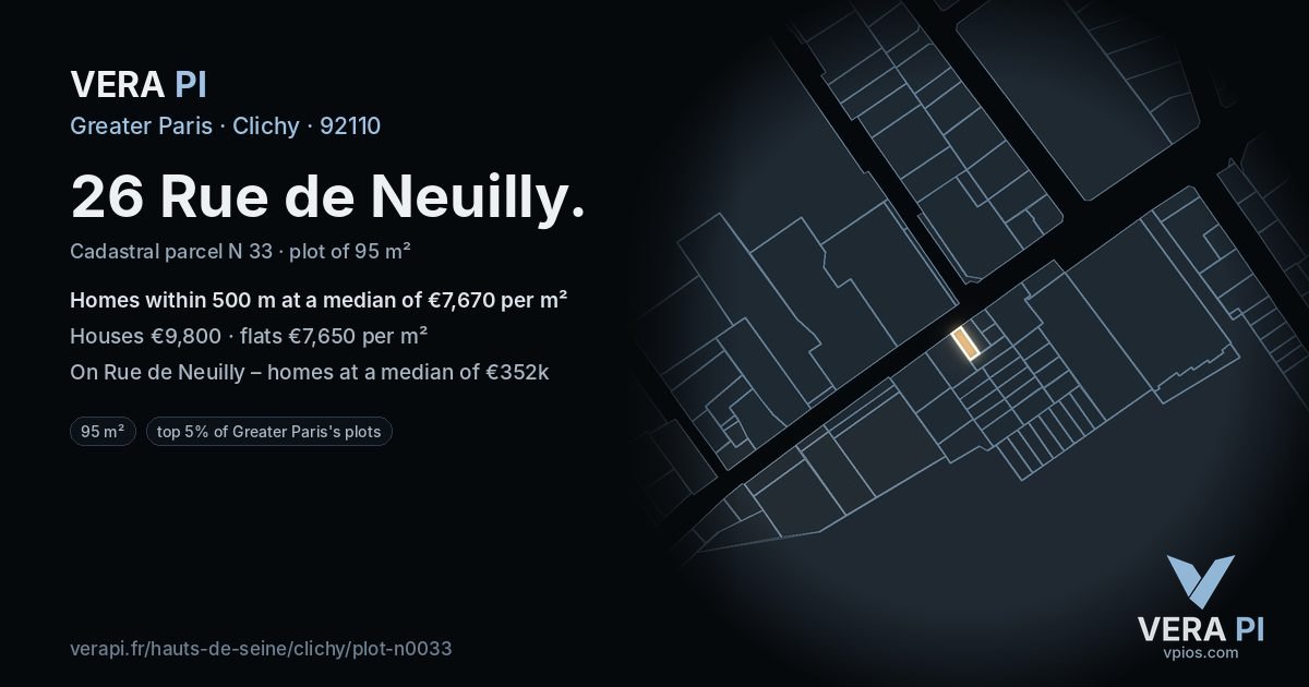 26 Rue de Neuilly, Clichy at night – the plot lit, the parcels around coloured by the prices near them