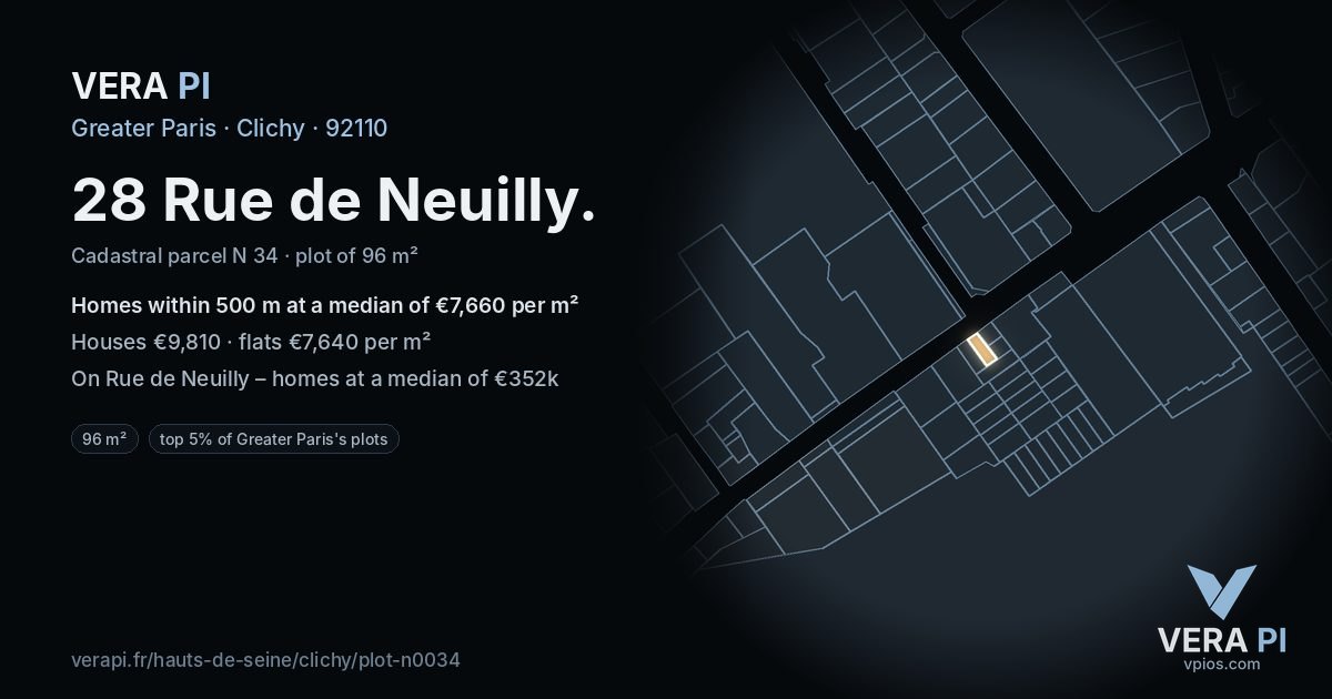 28 Rue de Neuilly, Clichy at night – the plot lit, the parcels around coloured by the prices near them