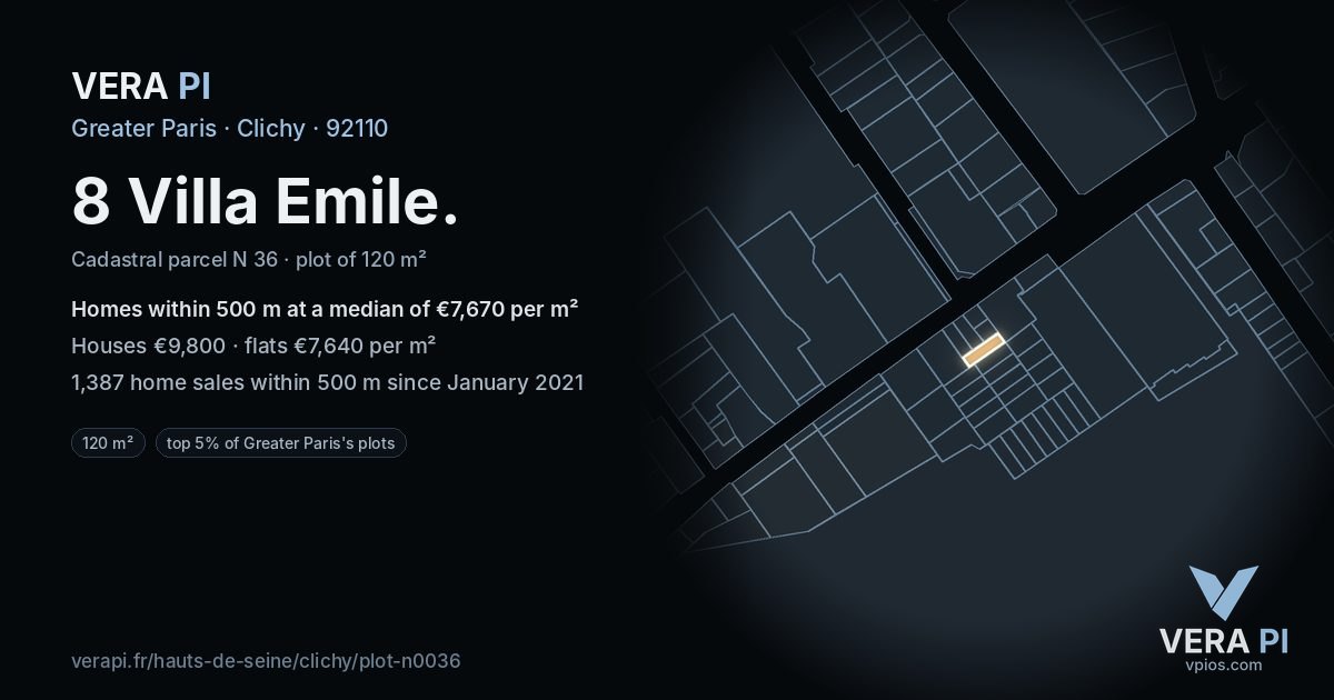 8 Villa Emile, Clichy at night – the plot lit, the parcels around coloured by the prices near them