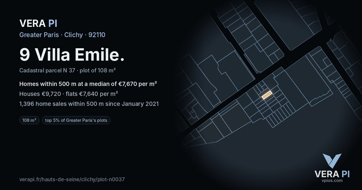 9 Villa Emile, Clichy at night – the plot lit, the parcels around coloured by the prices near them