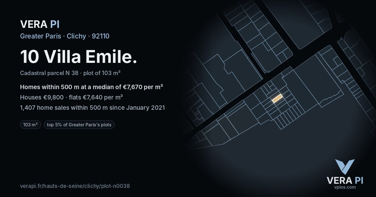 10 Villa Emile, Clichy at night – the plot lit, the parcels around coloured by the prices near them