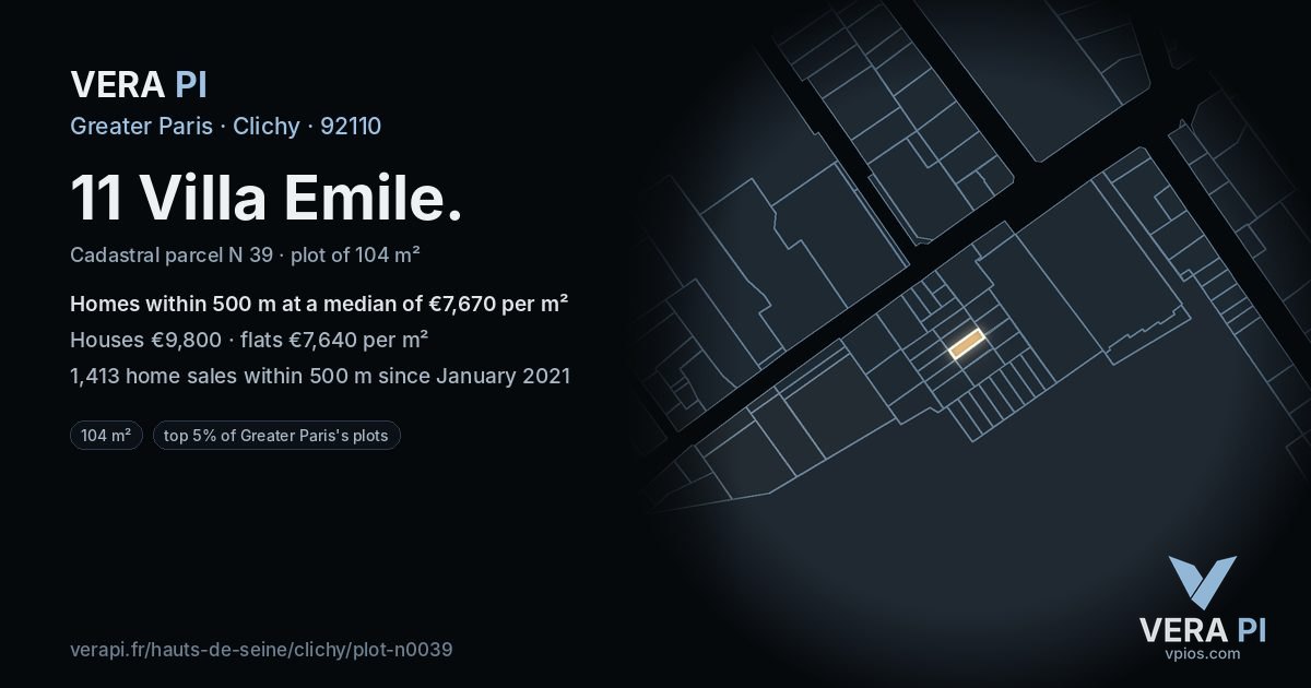 11 Villa Emile, Clichy at night – the plot lit, the parcels around coloured by the prices near them
