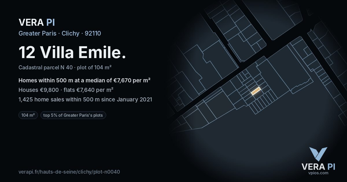 12 Villa Emile, Clichy at night – the plot lit, the parcels around coloured by the prices near them