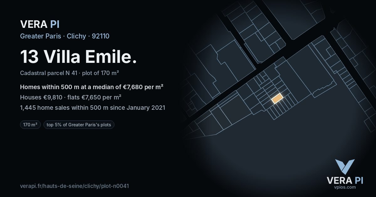 13 Villa Emile, Clichy at night – the plot lit, the parcels around coloured by the prices near them