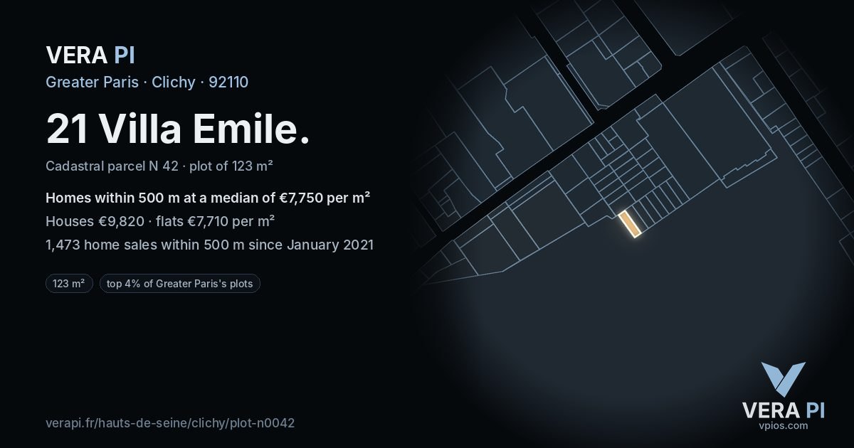21 Villa Emile, Clichy at night – the plot lit, the parcels around coloured by the prices near them