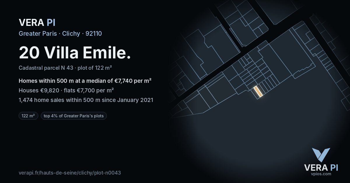 20 Villa Emile, Clichy at night – the plot lit, the parcels around coloured by the prices near them
