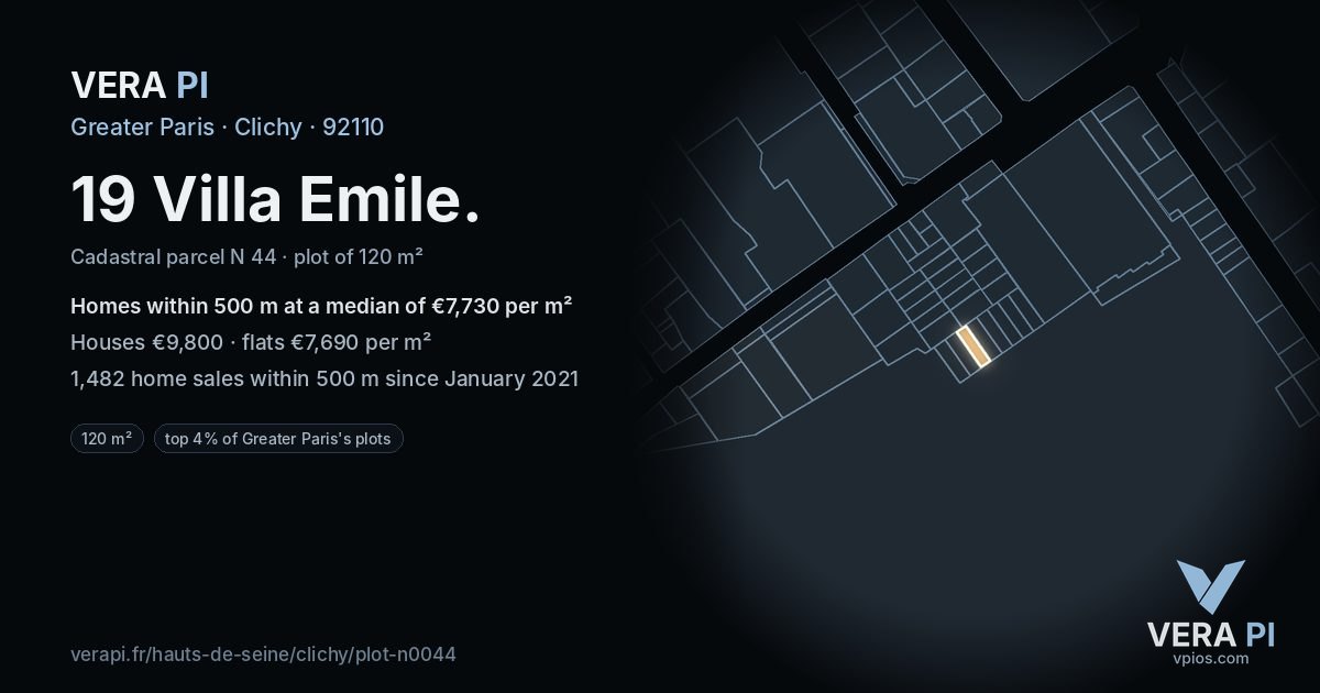 19 Villa Emile, Clichy at night – the plot lit, the parcels around coloured by the prices near them