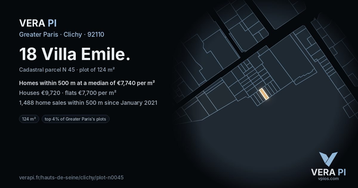 18 Villa Emile, Clichy at night – the plot lit, the parcels around coloured by the prices near them