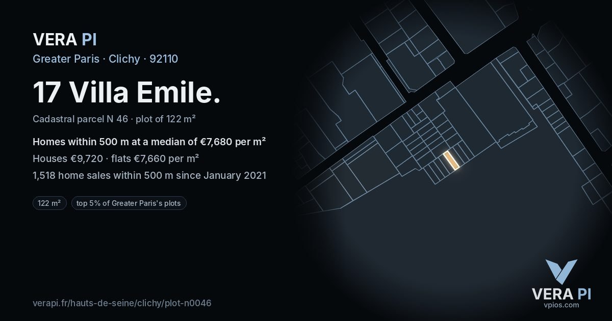17 Villa Emile, Clichy at night – the plot lit, the parcels around coloured by the prices near them