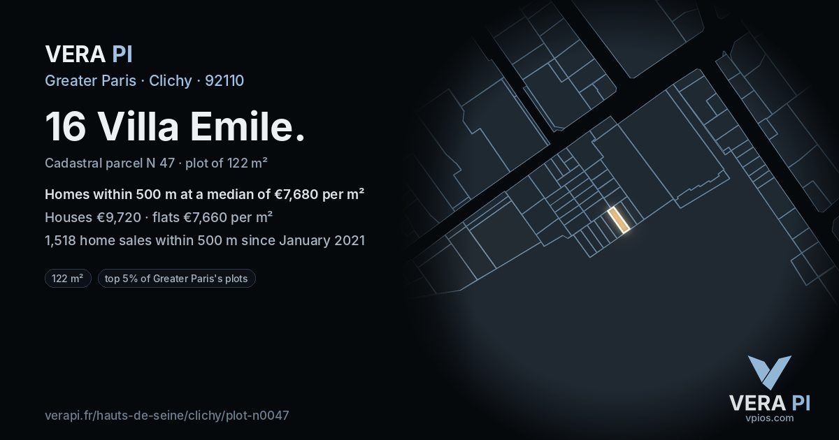 16 Villa Emile, Clichy at night – the plot lit, the parcels around coloured by the prices near them